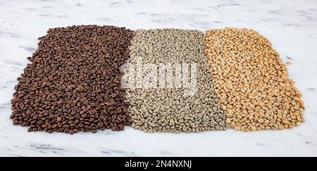 Collage de grains de café montrant différentes étapes de torréfaction italienne avec des grains crus. STEP and Circle of Coffee Bean, Mixed café Beans robusta et arabe Banque D'Images