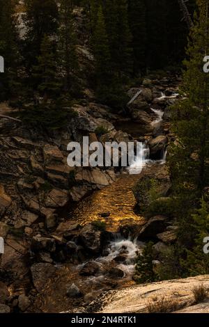 Lueur d'or au coucher du soleil sur Conness Creek au Glen Aulin High Sierra Camp à Yosemite Banque D'Images