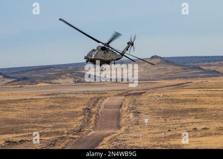 Les soldats et les aviateurs de la Garde nationale de l'Idaho, ainsi que leurs homologues actifs, ont joint leurs forces à une seule équipe et à une mentalité de combat pour un entraînement conjoint lors d'un exercice de victimes de masse le 4 février 2023, près de Gowen Field, Boise, Idaho. Le personnel médical du groupe médical 124th de Gowen Field et le personnel médical en service actif du groupe médical 366th de la base aérienne de Mountain Home se sont associés à plusieurs événements de victimes de masse, Ce qui comprenait également l’utilisation de soldats médevac et d’hélicoptères UH-60 Black Hawk de la Garde nationale de l’Armée de l’Idaho, 1st du 168th Aviation Regiment, pour participer à la TH Banque D'Images