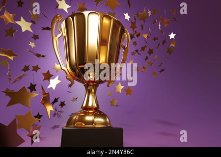 Trophée doré avec des branches en forme d'étoile sur fond violet. Illustration du concept de championnat, de leadership et de succès Banque D'Images