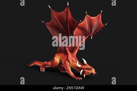 3d illustration d'un dragon de fantaisie rouge posant isolé sur fond noir avec un chemin d'écrêtage. Banque D'Images