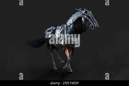 3D Illustration d'Un cheval sombre blindé créepy posé sur fond noir avec un chemin d'écrêtage. Banque D'Images