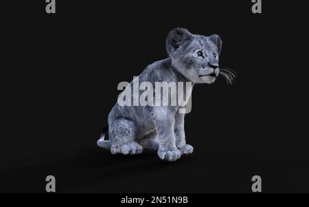 3D Illustration Portrait de la Cube blanche de petit Lion isolée sur fond sombre. Banque D'Images