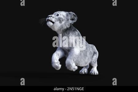 3D Illustration Portrait de la Cube blanche de petit Lion isolée sur fond sombre. Banque D'Images