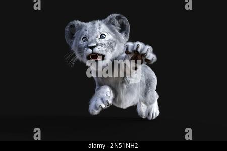 3D Illustration Portrait de la Cube blanche de petit Lion isolée sur fond sombre. Banque D'Images