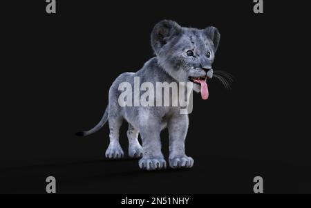 3D Illustration Portrait de la Cube blanche de petit Lion isolée sur fond sombre. Banque D'Images