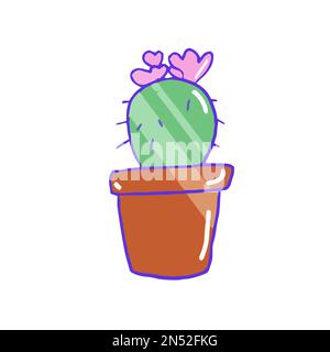 Dessin à la main esthétique mignon cactus avec des fleurs roses dans le pot Illustration de Vecteur