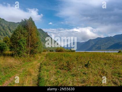 Paysage de la route entre les champs près du lac Teletskoye dans les montagnes de l'Altaï avec des arbres et silhouettes de touristes au loin. Banque D'Images