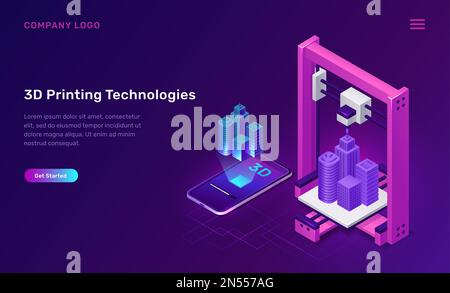 3D technologie d'impression, illustration vectorielle de concept isométrique. 3D prototype d'imprimante fabrique bâtiment, modèle virtuel dimensionnel au-dessus du téléphone mobile, écran montre le processus de production, bannière violette Illustration de Vecteur