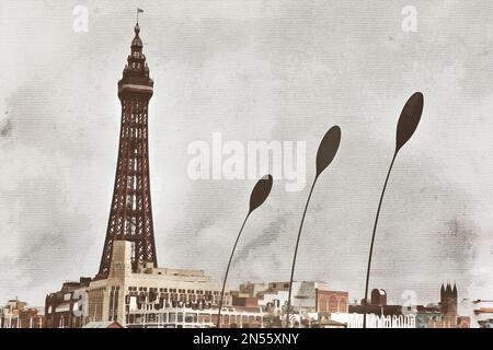 Peinture aquarelle sur toile. Blackpool Angleterre. Illustration de voyage. Banque D'Images