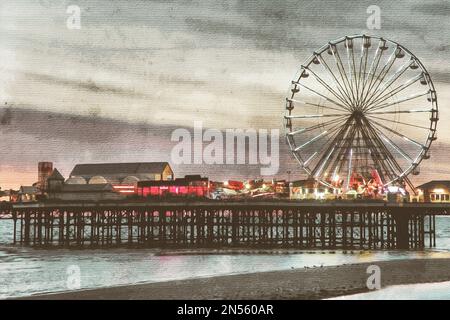 Peinture aquarelle sur toile. Blackpool Angleterre. Illustration de voyage. Banque D'Images