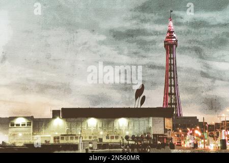 Peinture aquarelle sur toile. Blackpool Angleterre. Illustration de voyage. Banque D'Images