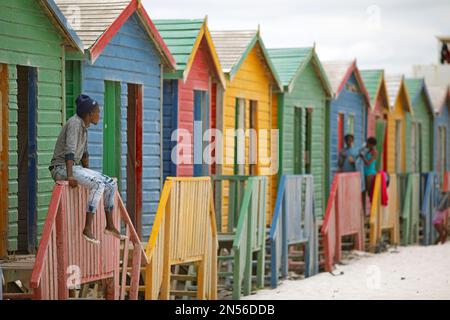 Homme assis sur la clôture devant des huttes de plage colorées, Muizenberg, Western Cape, Afrique du Sud Banque D'Images