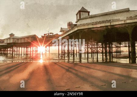 Peinture aquarelle sur toile. Blackpool Angleterre. Illustration de voyage. Banque D'Images