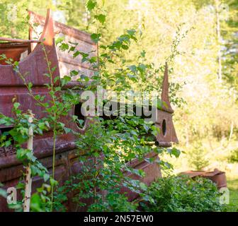 Partie du navire rouillé en fer - le reste de l'industrie de l'Union soviétique dans les forêts sauvages de la toundra de Yakutia surcultivée avec des arbres. Banque D'Images