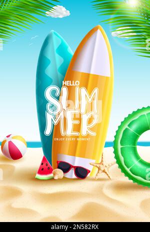 Motif vecteur Hello Summer. Bonjour été texte dans élément de planche de surf avec fond de plage. Illustration vectorielle pour un message d'accueil d'été. Illustration de Vecteur