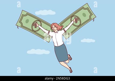 Une femme heureuse vole dans le ciel parmi les nuages en utilisant des billets de banque au lieu d'ailes. Concept de liberté financière et d'indépendance obtenu par la réception de leurs propres revenus Illustration de Vecteur