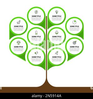 Modèle d'infographie avec icônes et 10 options ou étapes. Arbre vert abstrait. Peut être utilisé pour la mise en page de flux de travail, le diagramme, la bannière, la conception Web. Vecteur illu Illustration de Vecteur