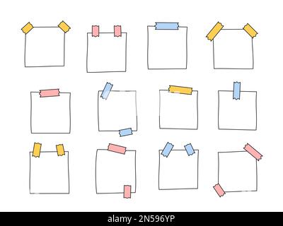 Jeu de grillades de notes de papier. Illustration vectorielle de rappels de mémo dessinés à la main mignons. Espaces vides pour la liste des tâches, le planificateur, le planning. Papiers blancs carrés avec Illustration de Vecteur