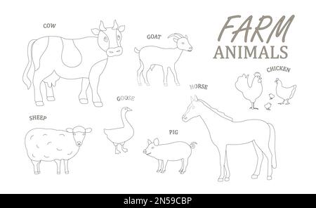 Animaux de ferme, vache, porc, cheval, mouton. chèvre, poulet, oie, volaille, style esquisse avec animaux isolés sur fond blanc, animal réaliste Illustration de Vecteur