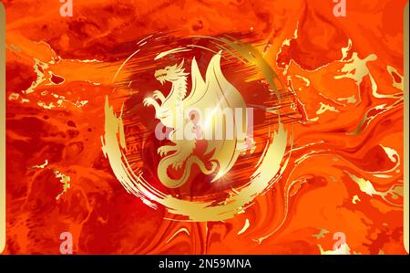 Dragon d'or dans un anneau sur fond rouge. Illustration de Vecteur