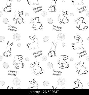 Motif sans couture avec lapins de Pâques, œufs, fleurs et inscription Joyeuses Pâques. Le concept de l'arrivée du printemps, Pâques. Image vectorielle. Illustration de Vecteur