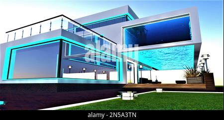 L'eau turquoise translucide est visible dans une piscine à fond de verre. Journée ensoleillée incroyable. Design haut de gamme du manoir moderne géré par des ingénieurs-co qualifiés Banque D'Images