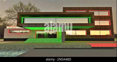 Grand balcon spacieux éclairé en vert au-dessus de l'élégante véranda avec des marches lumineuses de la banlieue immeuble d'appartements bas la nuit. 3d renderin Banque D'Images