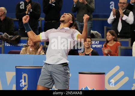 Arthur fils (FRA) en action contre Roberto Bautista-Agut (SPA) lors de l'Open Sud de France 2023, ATP 250 tournoi de tennis sur 8 février 2023 au Sud de France Arena à Pérols près de Montpellier, France - photo Patrick Cannaux / DPPI Banque D'Images