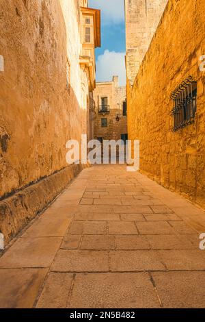 Ancienne petite rue médiévale pavée dans la ville de Mdina, Malte avec personne dans la journée ensoleillée. Orientation verticale. Destination du voyage Banque D'Images