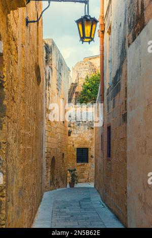 Vide étroite rue médiévale ancienne avec des lumières de rue dans la ville de Mdina, Malte. Orientation verticale. Destination du voyage Banque D'Images