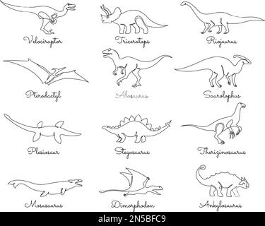 Dinosaures à une seule ligne. Jurassic dino, prédateurs et herbivores animaux préhistoriques dessinés à la main une ligne dinosaure silhouette vecteur jeu d'illustration Illustration de Vecteur