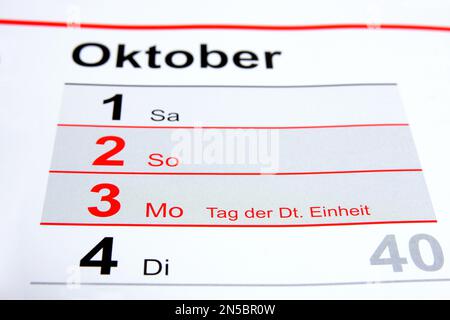 Calendrier de l'année 2022 en allemand, Journée allemande de l'unité, 3 octobre Banque D'Images