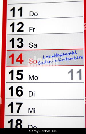 Entrée au calendrier, élection d'État, Bade-Wurtemberg, Allemagne, 2021-03-14 Banque D'Images