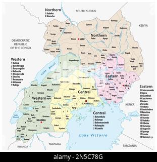 Carte politique et administrative de vecteur de la République de l'Ouganda Banque D'Images