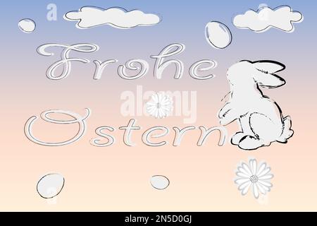 Carte postale avec un lapin de Pâques, des œufs, des fleurs et une inscription en allemand. Traduction: Joyeuses Pâques. Le concept de l'arrivée du printemps, Pâques. Illustration de Vecteur