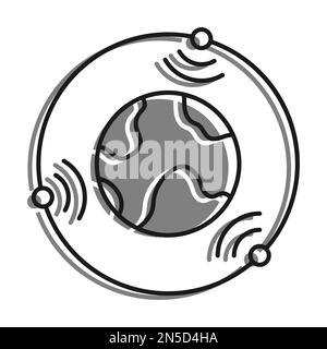 Linéaire rempli d'une icône de couleur grise. Les satellites volent dans Orbit autour de la planète Terre et transmettent le signal de communication. Communication par satellite et navigation GPS Illustration de Vecteur