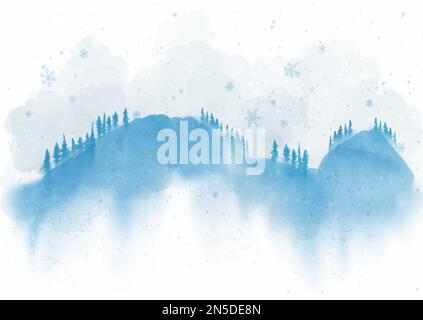 Paysage d'hiver peint à la main à l'aquarelle de Noël avec flocons de neige Illustration de Vecteur