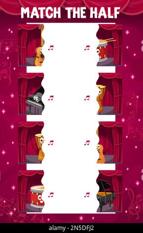 Correspond à la moitié des personnages d'instruments de musique de dessin animé. Jeu enfant morceau Connect, pièces d'objets correspondant à la feuille de calcul de vecteur de quiz ou de fragment de figure sear Illustration de Vecteur