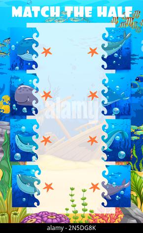 Associez la moitié du paysage sous-marin et des animaux de la bande dessinée. Feuille de travail de jeu de vecteur de dessin animé connecter les pièces correctes de créature drôle. Éducation Illustration de Vecteur