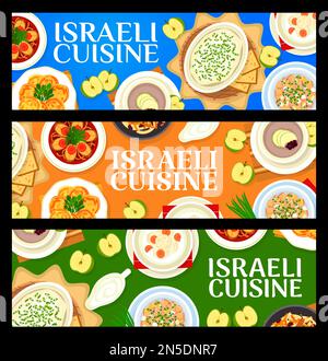 Banderoles horizontales pour repas de restaurant de cuisine israélienne. Tzimmes de carottes, gâteaux de poisson et forshmak de hareng, soupe de pomme, soupe de poisson gefilte et de boule de poisson, sauce, Illustration de Vecteur