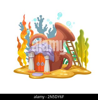 Caricature vase grec sous-marin amphora maison de fées. Maison de sirène à vecteur avec colonnes, porte en bois, auvent en coquille, échelle, coraux ou algues sur ocea Illustration de Vecteur