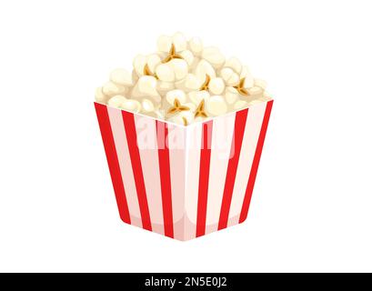 Seau à maïs pop de dessin animé, boîte jetable en carton vecteur isolé, emballage en papier rempli de grains de maïs soufflé. Collation rapide en contai rayé rouge et blanc Illustration de Vecteur