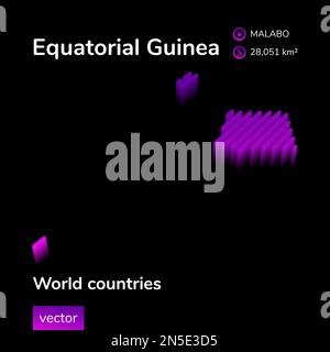 Guinée équatoriale 3D carte. La carte isométrique stylisée à vecteur rayé de la Guinée équatoriale est en violet de néon et en rose sur fond noir. Éducationa Illustration de Vecteur