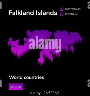 Carte des îles Falkland 3D. Vecteur isométrique numérique au néon stylisé à rayures la carte des îles Falkland est en violet sur fond noir Illustration de Vecteur