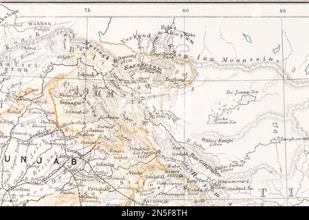 1890s carte historique de l'atlas du Cachemire/Cachemire à Aksai Chin et lac Bangong / lac Pangong, zones contestées entre l'Inde et la Chine. Banque D'Images