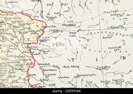 c1935 carte historique de l'atlas d'Aksai Chin, lac Pangong, région de l'Arunachal Pradesh, dont certaines parties sont contestées entre l'Inde et la Chine. Banque D'Images