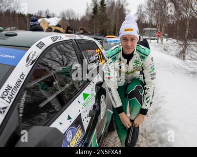 UME, Suède. 09th févr. 2023. UMEÅ 20230209 Emil Lindholm, Finlande, Skoda Fabia RS, lors du Shakedown/test de jeudi avant le rallye suédois, championnat du monde de rallye 2, qui commence ce soir. Photo Micke Fransson/TT code 61460 crédit: TT News Agency/Alay Live News Banque D'Images