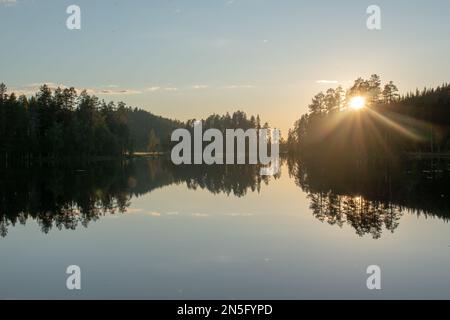 Lac forestier en Suède l'été en fin d'après-midi, après le coucher du soleil. Lac de Nydala à Umea sous un ciel bleu-rose apaisant. Image de nature relaxante. Découvrez SCA Banque D'Images