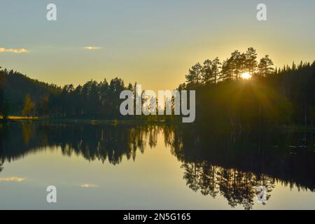 Lac forestier en Suède l'été en fin d'après-midi, après le coucher du soleil. Lac de Nydala à Umea sous un ciel bleu-rose apaisant. Image de nature relaxante. Découvrez SCA Banque D'Images